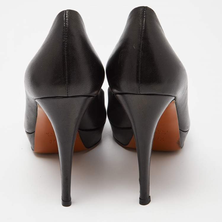 Pre Owned Gucci Black Leather Round Toe Platform Pumps Size 37.5