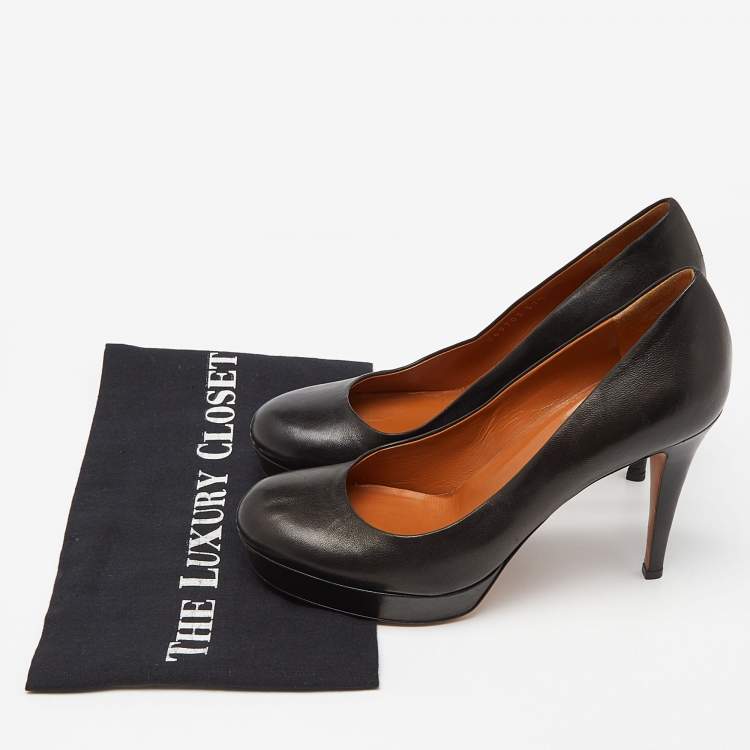 Pre Owned Gucci Black Leather Round Toe Platform Pumps Size 37.5