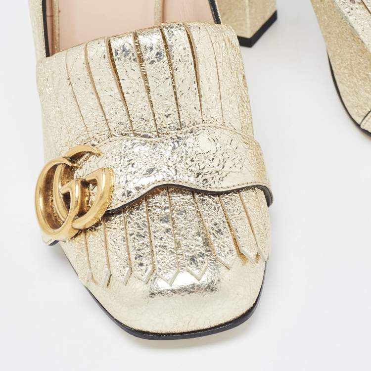 Pre Owned Gucci Gold Foil Leather GG Fringe Block Heel Loafer Pumps Size 37