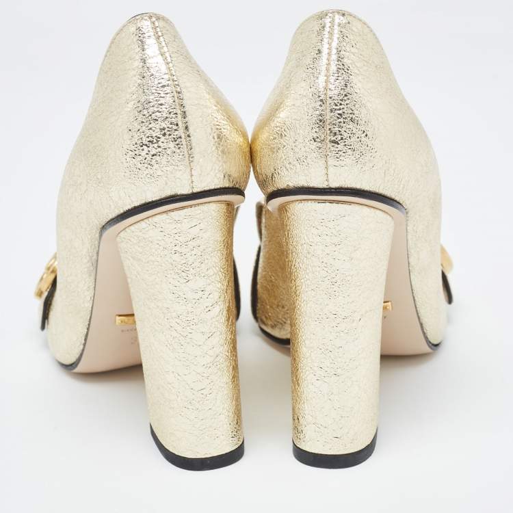 Pre Owned Gucci Gold Foil Leather GG Fringe Block Heel Loafer Pumps Size 37