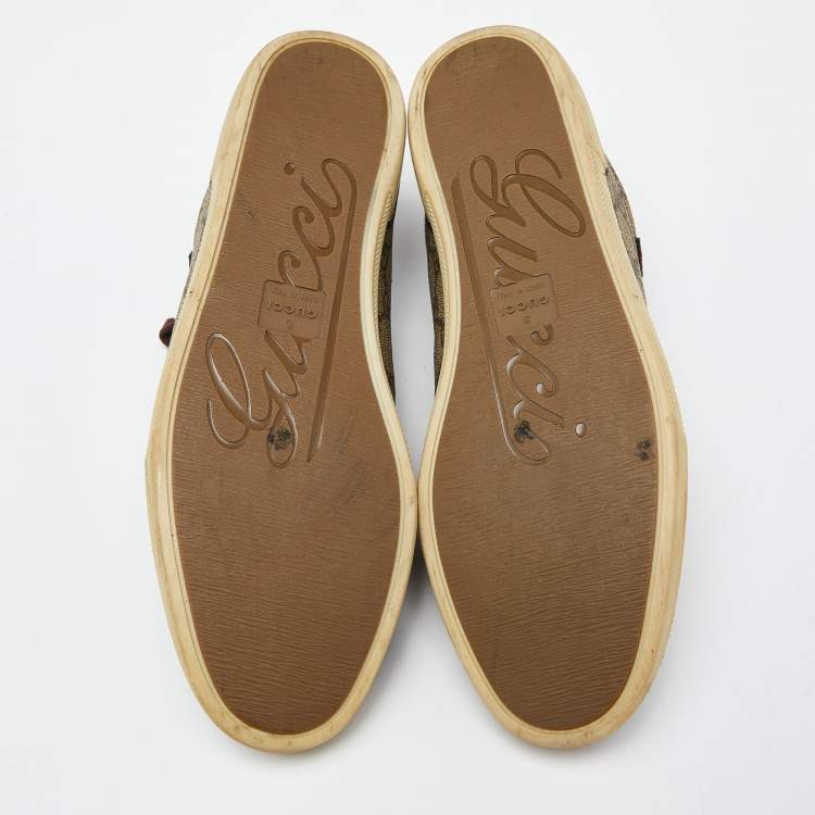 Pre Owned Gucci Beige/Brown GG Supreme Canvas and Leather Web Lace Up Sneakers Size 37.5