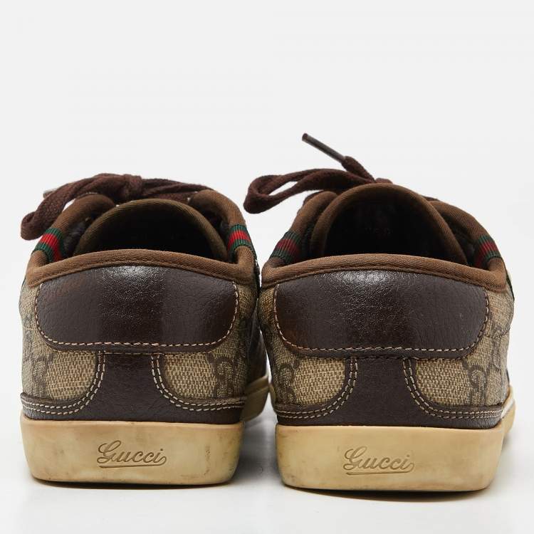 Pre Owned Gucci Beige/Brown GG Supreme Canvas and Leather Web Lace Up Sneakers Size 37.5