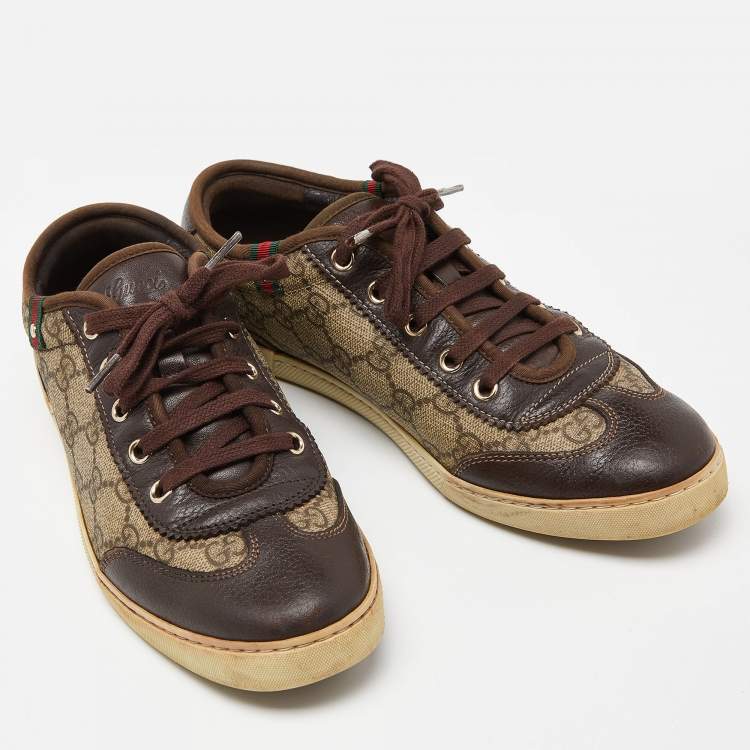 Pre Owned Gucci Beige/Brown GG Supreme Canvas and Leather Web Lace Up Sneakers Size 37.5
