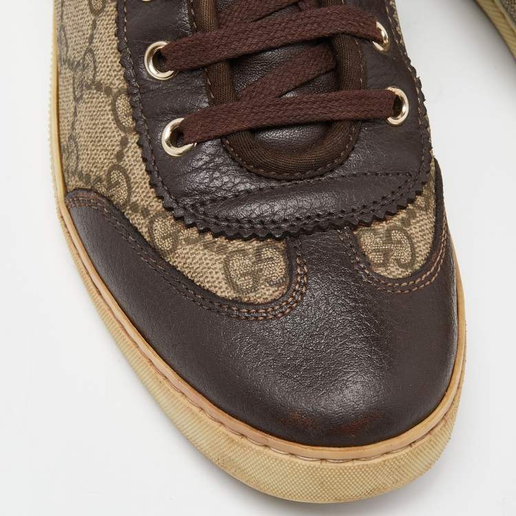 Pre Owned Gucci Beige/Brown GG Supreme Canvas and Leather Web Lace Up Sneakers Size 37.5