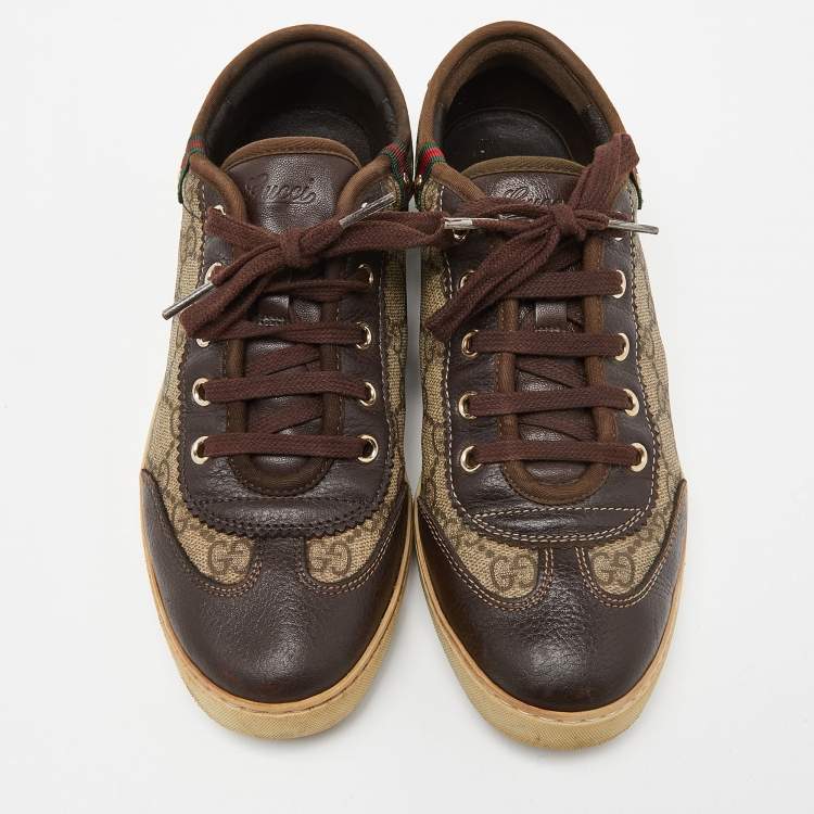 Pre Owned Gucci Beige/Brown GG Supreme Canvas and Leather Web Lace Up Sneakers Size 37.5