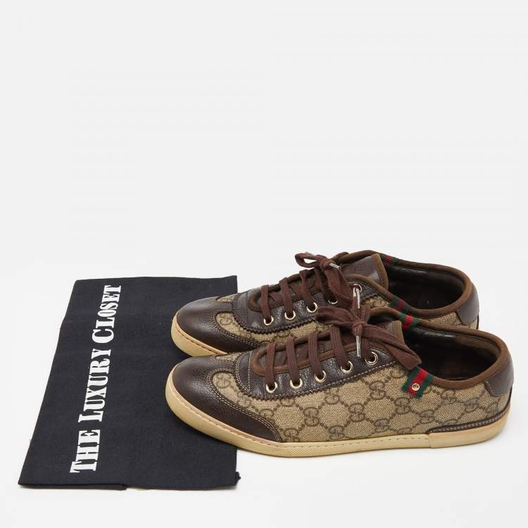 Pre Owned Gucci Beige/Brown GG Supreme Canvas and Leather Web Lace Up Sneakers Size 37.5