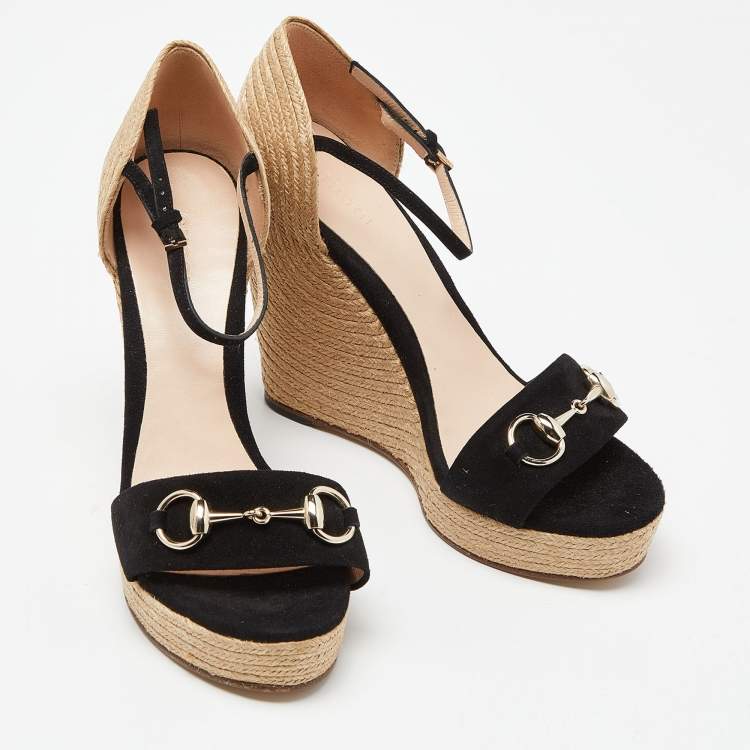 Pre Owned Gucci Black Suede Horsebit Wedge Espadrille Platform Sandals Size 38.5