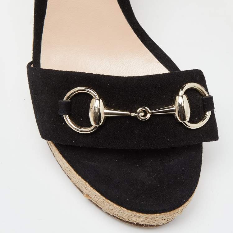 Pre Owned Gucci Black Suede Horsebit Wedge Espadrille Platform Sandals Size 38.5