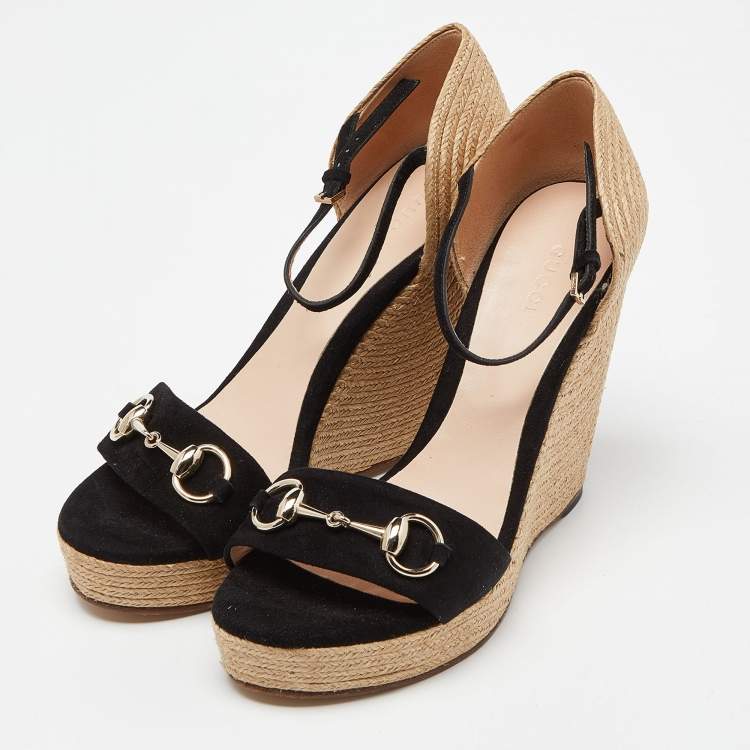 Pre Owned Gucci Black Suede Horsebit Wedge Espadrille Platform Sandals Size 38.5