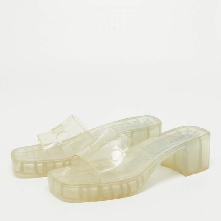 Pre Owned Gucci Transparent PVC Embossed Logo Block Heel Slide Sandals Size 40.5 