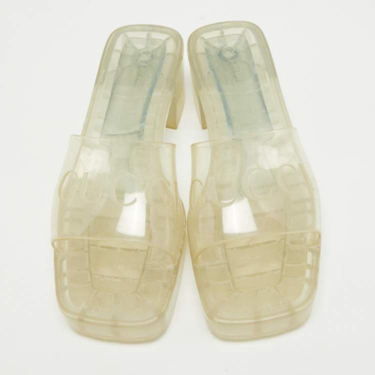 Pre Owned Gucci Transparent PVC Embossed Logo Block Heel Slide Sandals Size 40.5 
