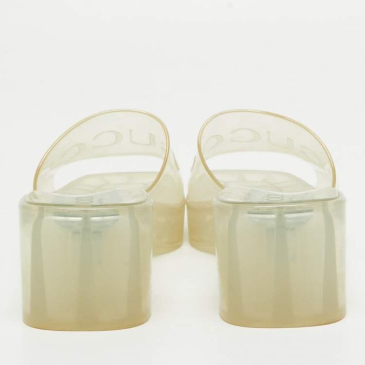Pre Owned Gucci Transparent PVC Embossed Logo Block Heel Slide Sandals Size 40.5 