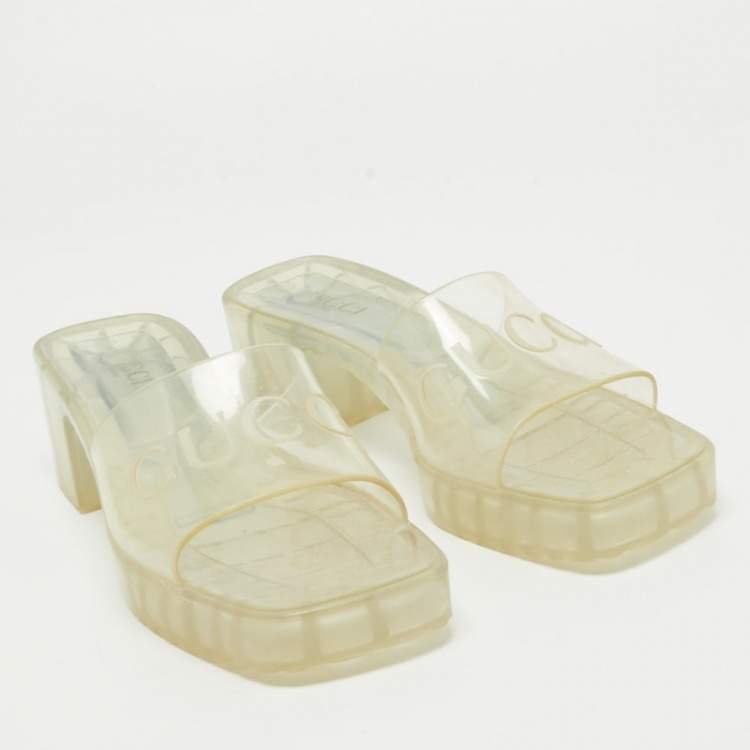Pre Owned Gucci Transparent PVC Embossed Logo Block Heel Slide Sandals Size 40.5 
