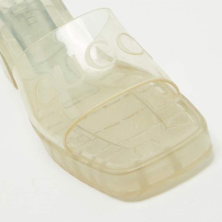 Pre Owned Gucci Transparent PVC Embossed Logo Block Heel Slide Sandals Size 40.5 