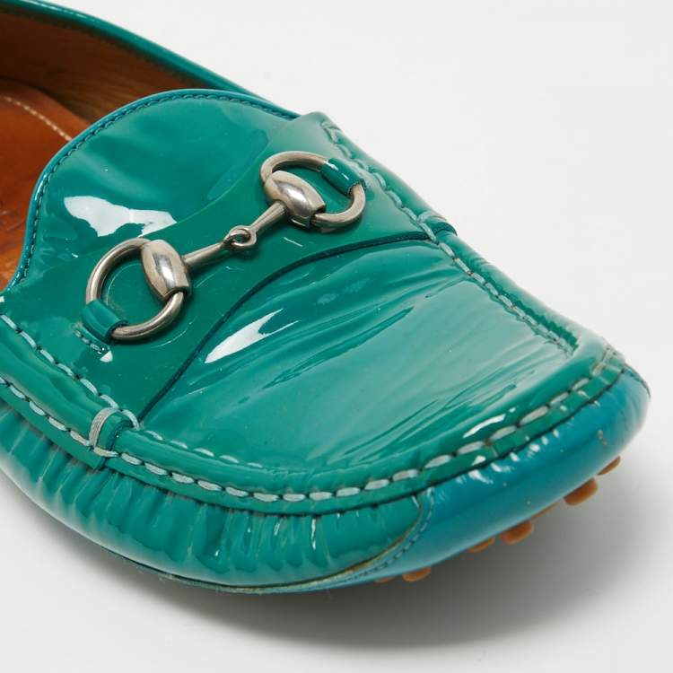 Pre Owned Gucci Green Patent Leather Jordaan Horsebit Slip On Loafers Size 39