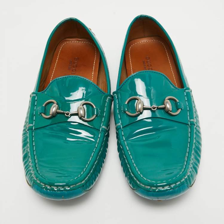 Pre Owned Gucci Green Patent Leather Jordaan Horsebit Slip On Loafers Size 39