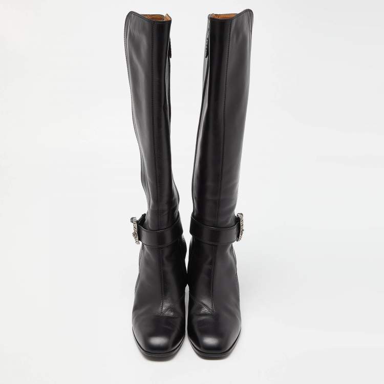 Pre Owned Gucci Black Leather Dionysus Elizabeth Calf Boots Size 38