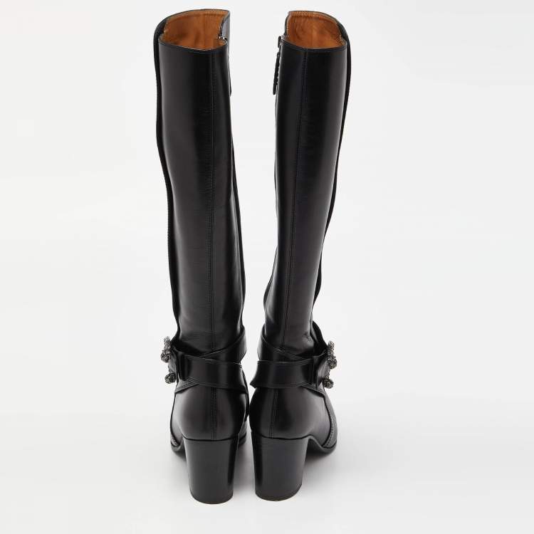 Pre Owned Gucci Black Leather Dionysus Elizabeth Calf Boots Size 38