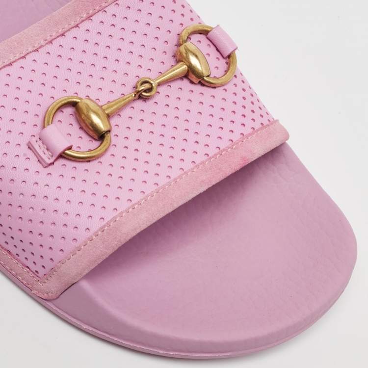 Pre Owned Gucci Purple Perforated Leather Horsebit Slides Size 39