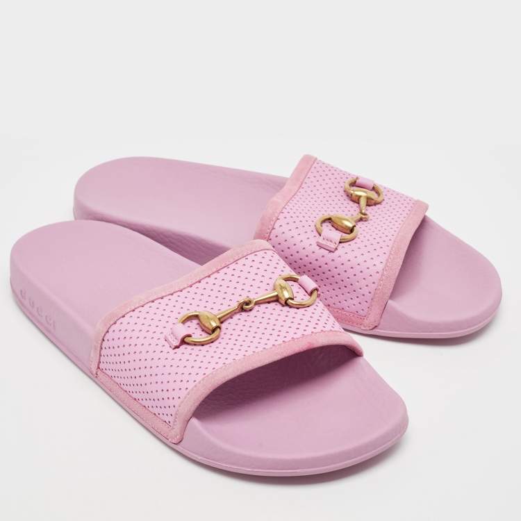 Pre Owned Gucci Purple Perforated Leather Horsebit Slides Size 39