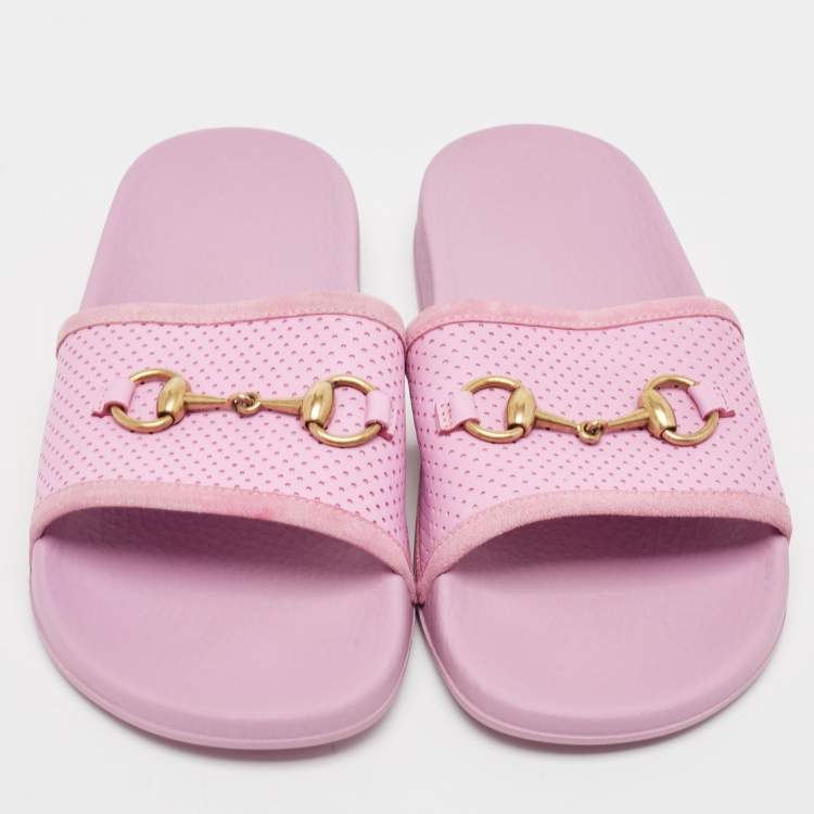Pre Owned Gucci Purple Perforated Leather Horsebit Slides Size 39