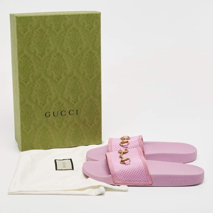 Pre Owned Gucci Purple Perforated Leather Horsebit Slides Size 39
