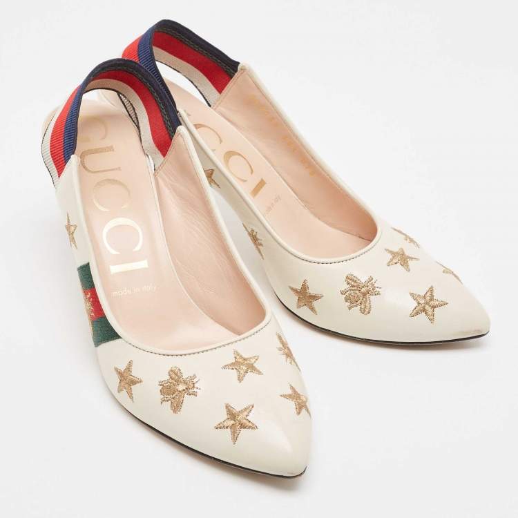 Pre Owned Gucci Off White Leather Bee Star Embroidered Web Sylvie Slingback Pumps Size 38.5