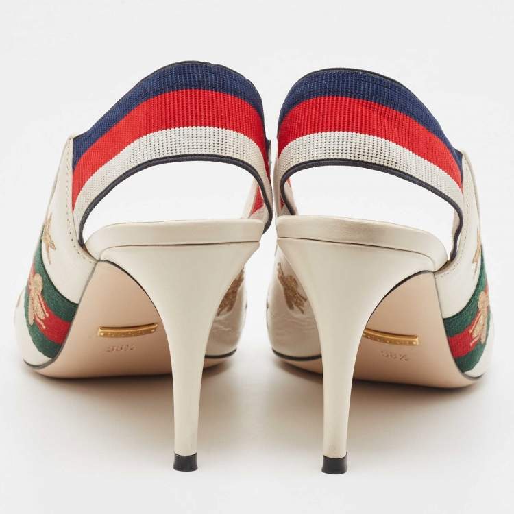 Pre Owned Gucci Off White Leather Bee Star Embroidered Web Sylvie Slingback Pumps Size 38.5