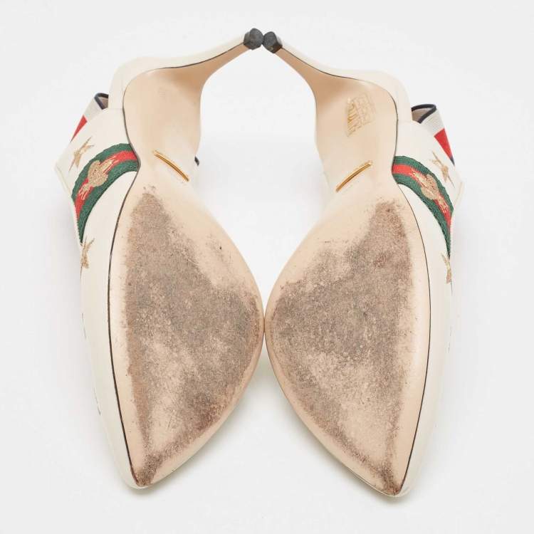 Pre Owned Gucci Off White Leather Bee Star Embroidered Web Sylvie Slingback Pumps Size 38.5
