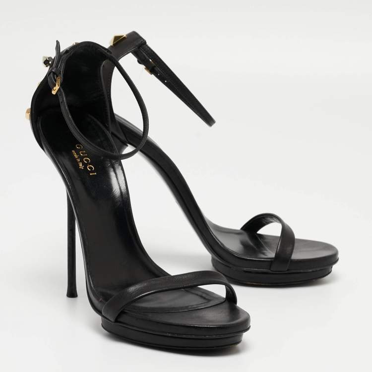 Pre Owned Gucci Black Leather Studded Ankle Strap Sandals Size 38