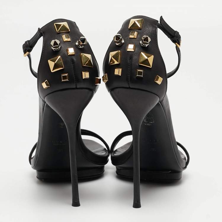Pre Owned Gucci Black Leather Studded Ankle Strap Sandals Size 38