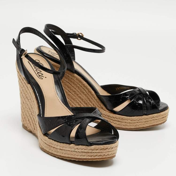 Pre Owned Gucci Black Microguccissima Patent Leather Penelope Espadrille Wedge Sandals Size 39