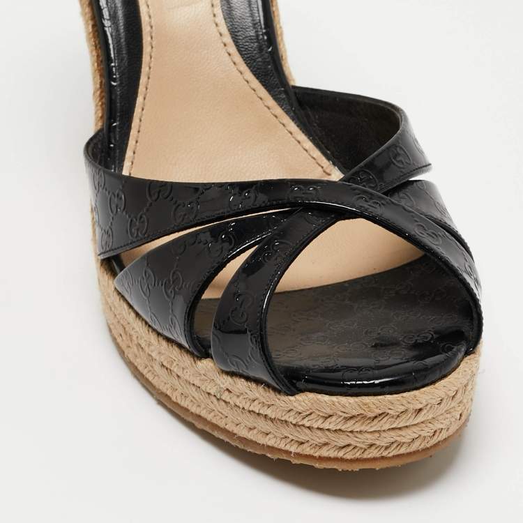 Pre Owned Gucci Black Microguccissima Patent Leather Penelope Espadrille Wedge Sandals Size 39