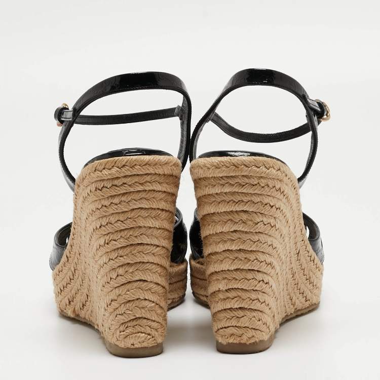 Pre Owned Gucci Black Microguccissima Patent Leather Penelope Espadrille Wedge Sandals Size 39