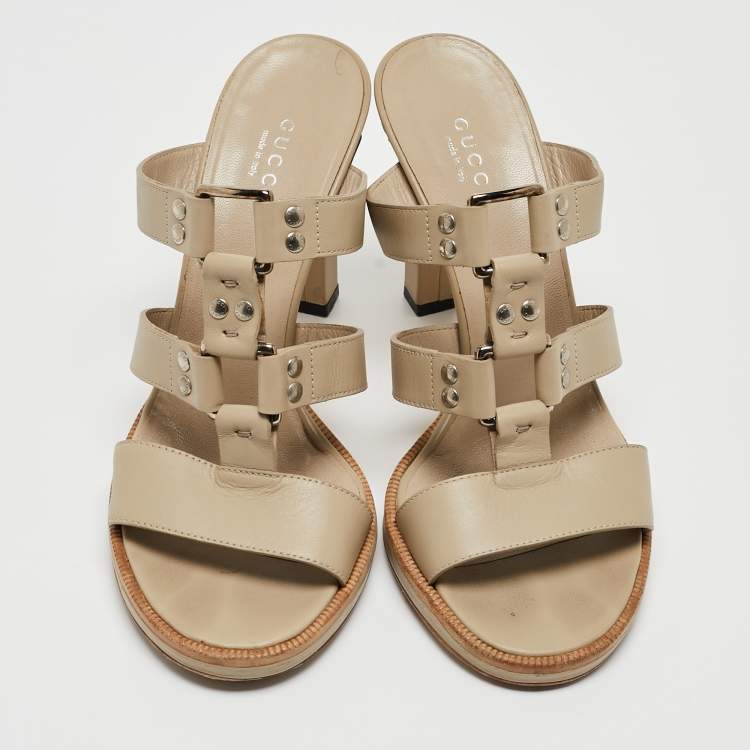 Pre Owned Gucci Beige Leather Strappy Slide Sandals Size 38