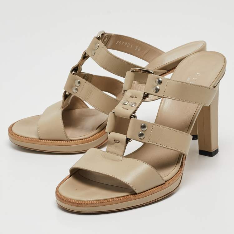Pre Owned Gucci Beige Leather Strappy Slide Sandals Size 38