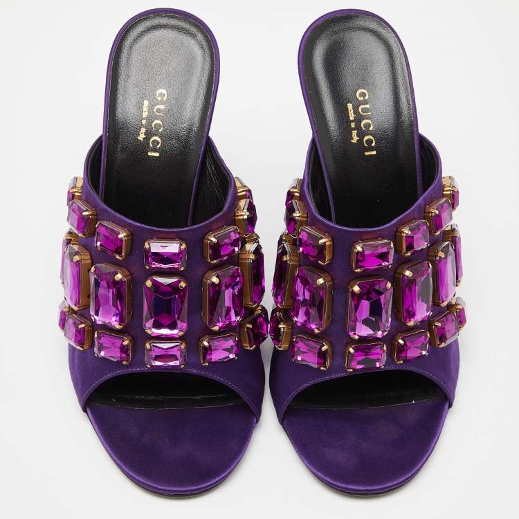 Pre Owned Gucci Purple Satin Tessa Crystal Embellished Peep Toe Slide Mules Size 37