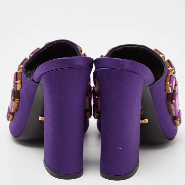 Pre Owned Gucci Purple Satin Tessa Crystal Embellished Peep Toe Slide Mules Size 37