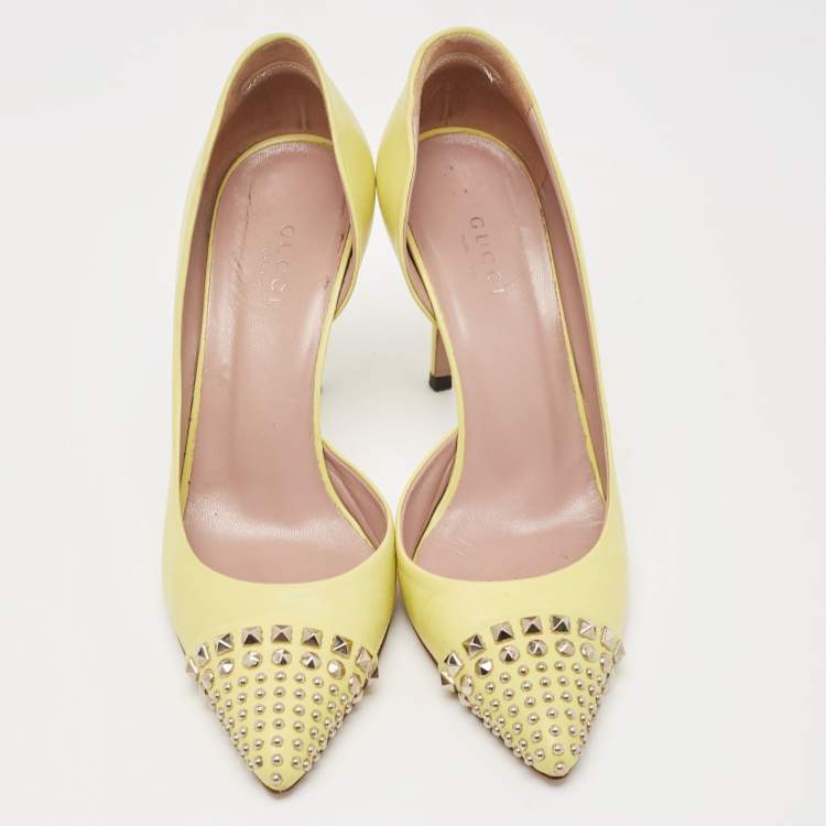 Pre Owned Gucci Yellow Leather Studded D'orsay Pointed Toe Pumps Size 36.5