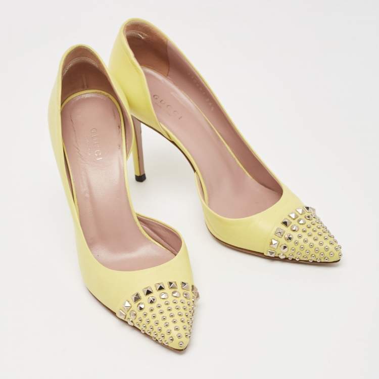 Pre Owned Gucci Yellow Leather Studded D'orsay Pointed Toe Pumps Size 36.5