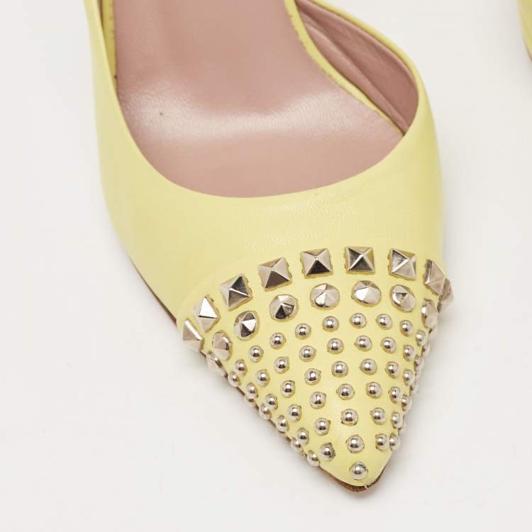 Pre Owned Gucci Yellow Leather Studded D'orsay Pointed Toe Pumps Size 36.5