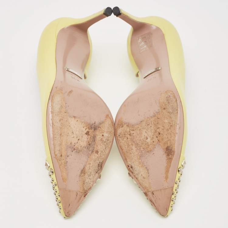 Pre Owned Gucci Yellow Leather Studded D'orsay Pointed Toe Pumps Size 36.5