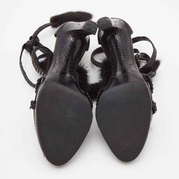 Pre Owned Gucci Black Python Leather and Mink Fur Crystal Embellished Ankle Wrap Sandals Size 36