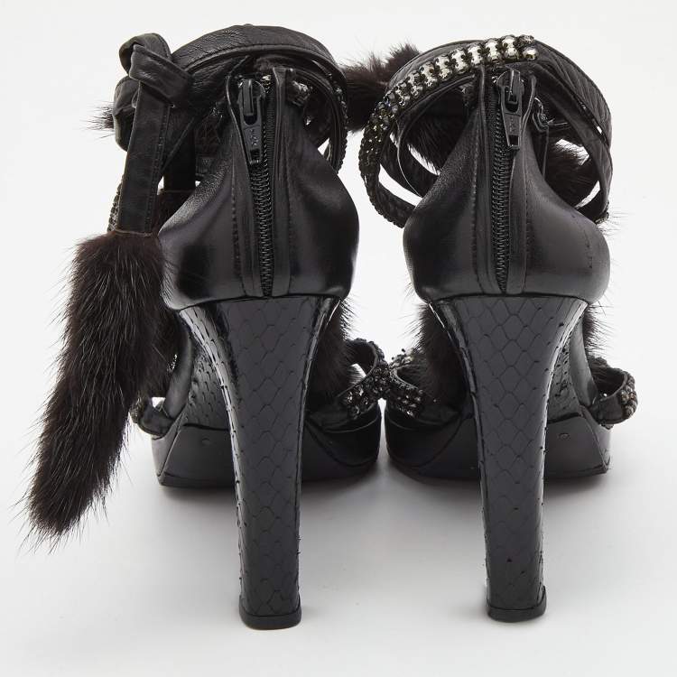Pre Owned Gucci Black Python Leather and Mink Fur Crystal Embellished Ankle Wrap Sandals Size 36