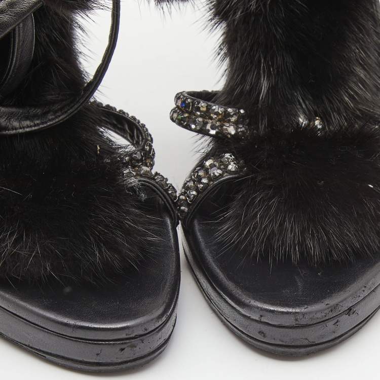 Pre Owned Gucci Black Python Leather and Mink Fur Crystal Embellished Ankle Wrap Sandals Size 36