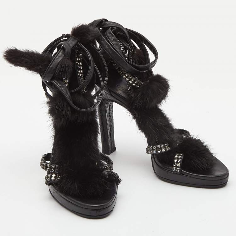 Pre Owned Gucci Black Python Leather and Mink Fur Crystal Embellished Ankle Wrap Sandals Size 36
