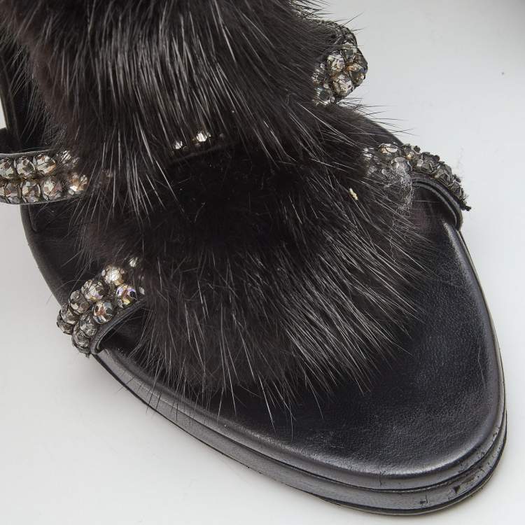 Pre Owned Gucci Black Python Leather and Mink Fur Crystal Embellished Ankle Wrap Sandals Size 36