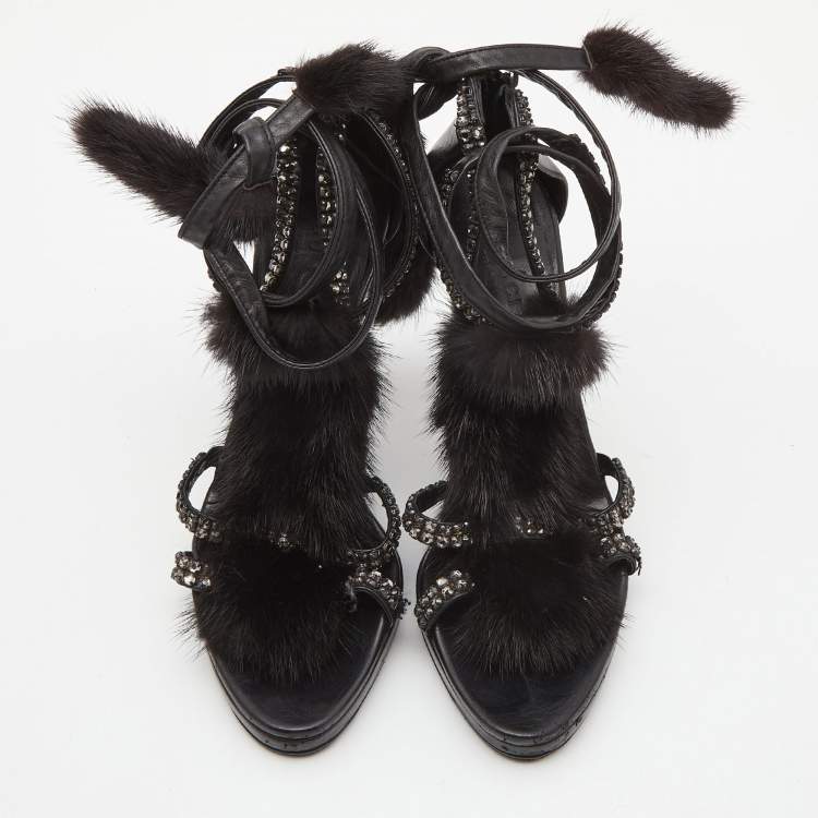 Pre Owned Gucci Black Python Leather and Mink Fur Crystal Embellished Ankle Wrap Sandals Size 36