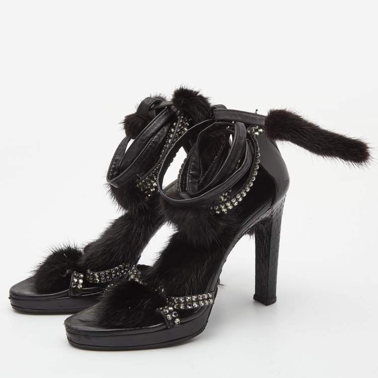 Pre Owned Gucci Black Python Leather and Mink Fur Crystal Embellished Ankle Wrap Sandals Size 36