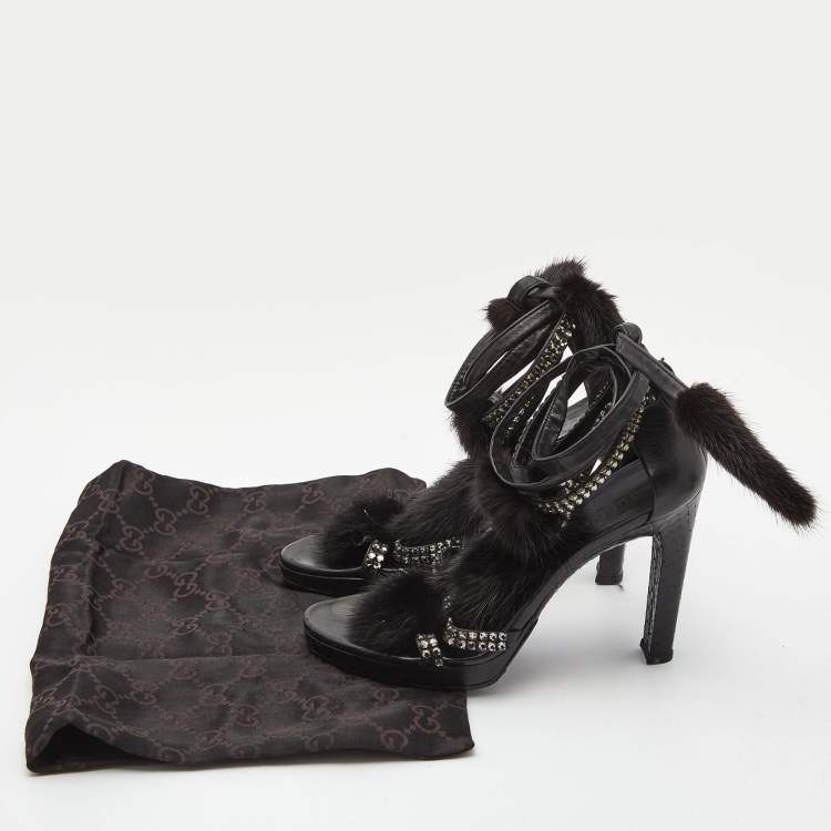 Pre Owned Gucci Black Python Leather and Mink Fur Crystal Embellished Ankle Wrap Sandals Size 36